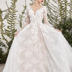 Plus size wedding dress.Long sleeve floral design bridal gown,reception,church